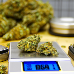 Description: A close-up image of cannabis buds on a scale, displaying 3.5 grams, with a blurred background of various marijuana products and accessories.