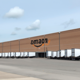 description: a large amazon warehouse with several delivery trucks parked outside. the warehouse is surrounded by a large parking lot and is located in an industrial area. the amazon logo is visible on the side of the building.