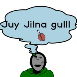 Description: A person smoking a joint of ganja, with a thought bubble above their head filled with the words "Fill my lungs with ganja".