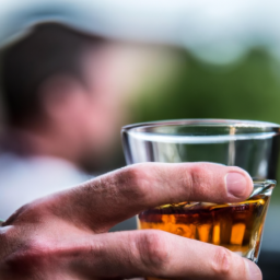 description: an anonymous image depicts a person holding a glass of alcohol, with a blurred background suggesting a social setting. the focus is on the glass, symbolizing the allure and danger of alcohol consumption.