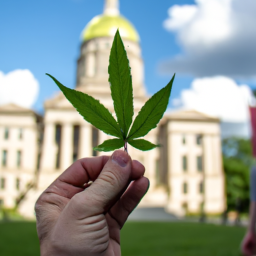 Description: A person holding a plant with a cannabis leaf on it with the Ohio State Capitol in the background.