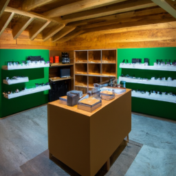 description: an image of a modern dispensary with a sleek and organized point-of-sale system, showcasing various cannabis products on display.
