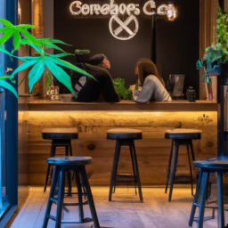 description: the image shows a cozy coffee shop in amsterdam, with wooden tables and chairs, plants, and a display case filled with cannabis products. a couple sits at a table, enjoying a cup of coffee and a joint. the tyson 2.0 logo is prominently displayed on the wall behind them.