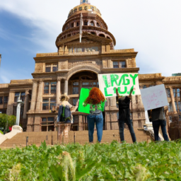 description: a group of people gathered in front of the texas state capitol holding signs advocating for marijuana legalization. the image captures their enthusiasm and hope for change.