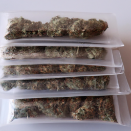 description: an image of a stack of medical marijuana products in plain packaging, complying with regulations, without any branding or colorful appeal.