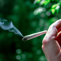 description: A person holding a joint, with smoke rising from it, against a background of green leaves.