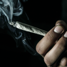 description: a close-up shot of a person holding a rolled-up joint, with smoke swirling around it.