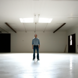 A person standing in the middle of an empty room, looking up with a determined expression on their face.